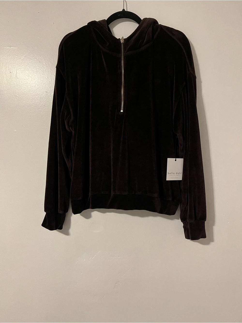 Bella Dahl Dark Brown Velvet Half-Zip Hoodie